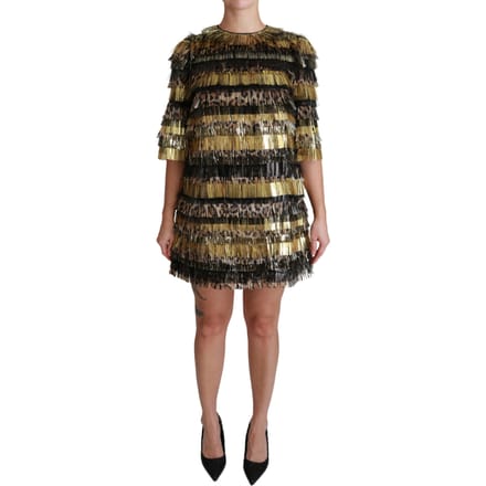 Dolce & Gabbana Vrouwen Polyester Zwart Goud Luipaard Shift Mini Jurk