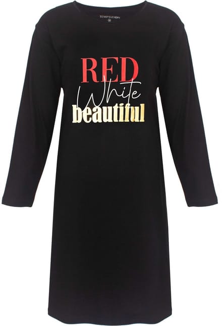 Temptation Dames Nachthemd - Bigshirt - RED White beautiful Print - Zwart - Maat M
