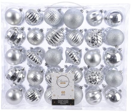 Decoris Kerstballen - 60x st - zilver - 6 en 7 cm - kunststof - kerstversiering