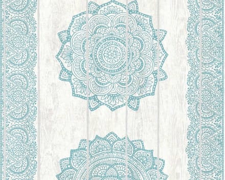 MANDALA OP HOUT BEHANG - Blauw Grijs Groen - AS Creation Boho Love