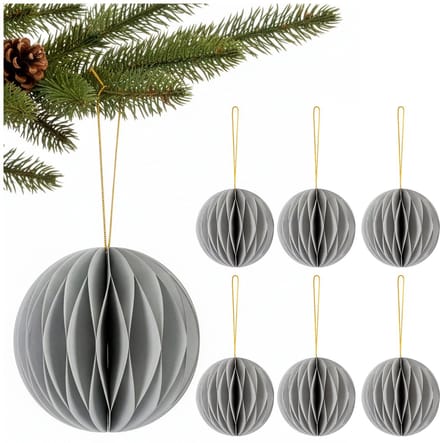 Springos Kerstbal | Papier | 8 Cm | 3D | Grijs | 6 Stuks