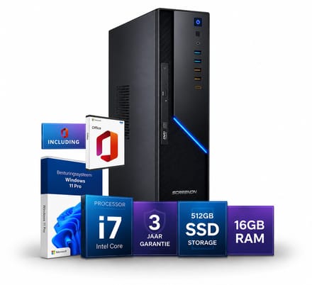 Office PC i7 + Microsoft Office - ScreenON Ultra SFF - Intel Core i7 - 16GB RAM - 512GB SSD M.2 - Windows 11 Pro - WiFi & Bluetooth - DVD±RW - Zakelijke Werkcomputer - Kantoor Desktop PC - Thuiswerk Computer