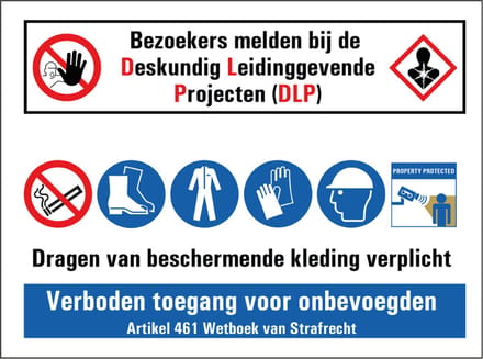 Bezoekers melden bij DLP bouwplaats sticker 200 x 150 mm