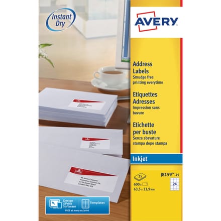 Huismerk Avery J8159-25 Inkjet Printer Etiket 63,5x33,9mm