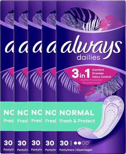 Always Dailies Normal Fresh & Protect - 5x30 stuks - Voordeelverpakking – Inlegkruisjes