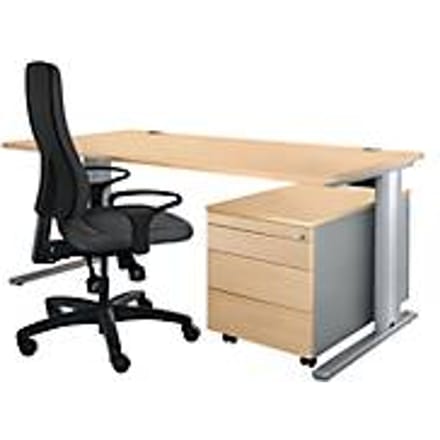 Schäfer Shop Pure Planova Basic bureautafel en verrijdbaar ladeblok 1233, ahorndecor/blank aluminium