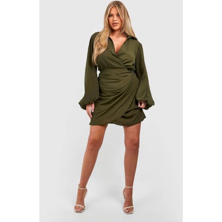 boohoo Dames Plus Blouson Mouw Wrap Jurk | Kaki | Maat: 54