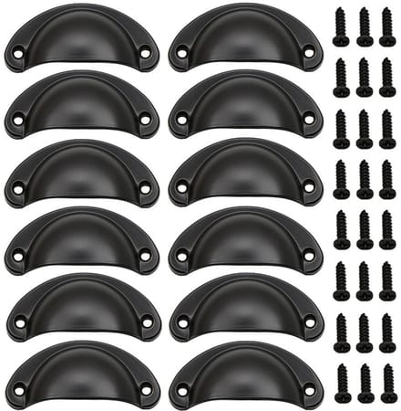 12x Schelpgrepen Antieke Ladehandvatten Kastdeurgrepen IJzer-nikkel Zwart 8.1cm