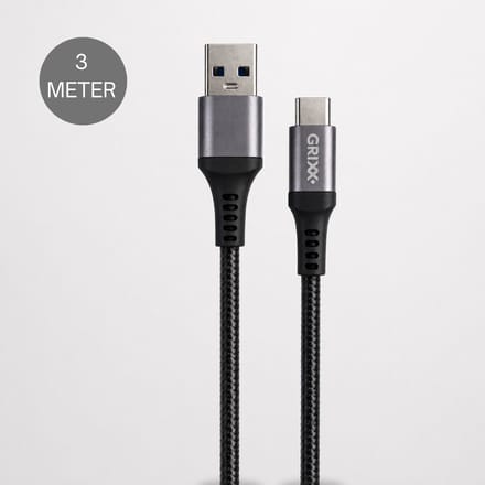 USB C kabel 3 meter - Grixx - USB C naar USB A oplaadkabel - 18W snelladen - zwart
