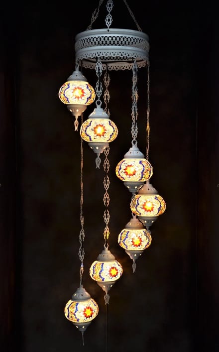 Hanglamp multicolour blauw wit glas mozaïek Oosterse lamp kroonluchter Crèmewit 7 bollen