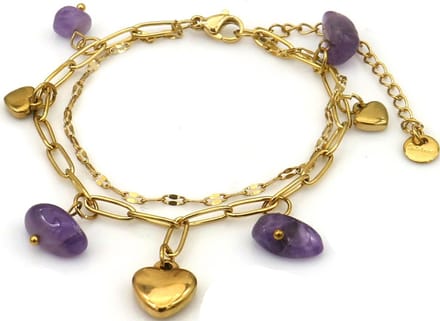 Armband - hartjes met stenen - RVS - 16-21 cm - paars – valentijn – cadeau