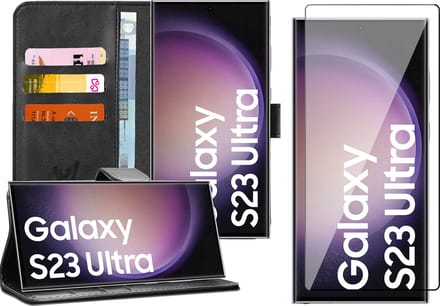Hoesje geschikt voor Samsung Galaxy S23 Ultra - Screen Protector FullGuard - Book Case Kunstleer Pasjeshouder Zwart & Screenprotector