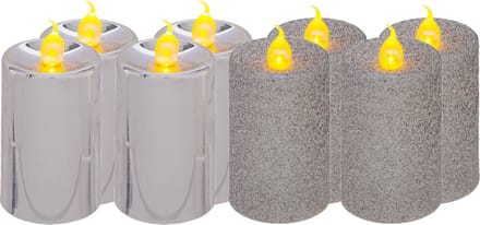 Feeric lights and christmas Kaarsen - 8x stuks - zilver - LED - H7,5 cm - glans en glitterafwerking