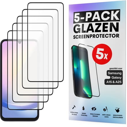 Screenprotector - Geschikt voor Samsung Galaxy A15 / A25 - Gehard Glas - Full Cover Tempered Glass - Case Friendly - 5 Pack