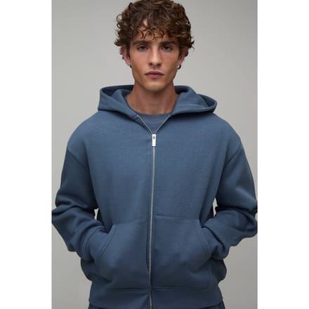 Essential Oversized Boxy Zip Through Hoodie | Vintage Blue | Size Medium