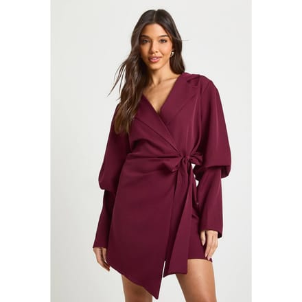 boohoo Dames Volume mouw strik taille blazer jurk | Merlot | Maat: 8