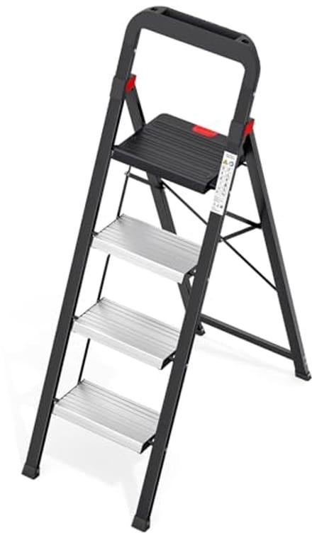Inklapbare aluminium trapladder met leuning - 4 treden, antislip en klapbeveiliging