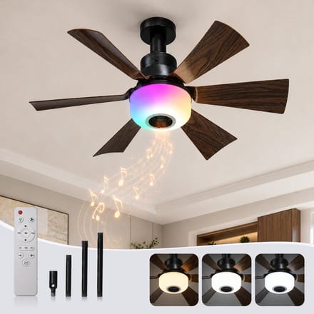 Rosnek E27 Plafondventilator met Lamp - Socket Fan met Bluetooth Speaker - RGB LED Plafondlamp - Afstandsbediening - 3 Snelheden - Verstelbare Hoogte - Kantelbare Ventilator - Ø52 cm