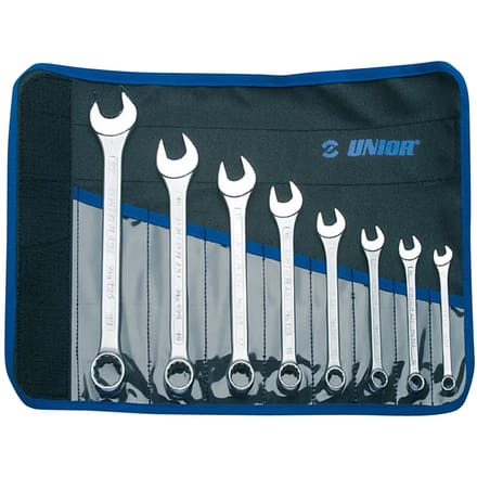 Korte gebogen platte combinatiesleutels met deksel Unior (x8)