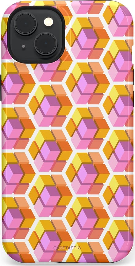 Casetastic hoesje geschikt voor Apple iPhone 15 Plus - MagSafe - Dubbellaagse bescherming - Pastel Hex Kunst - Fashion Case - Okergeel Lila Perzik Wit