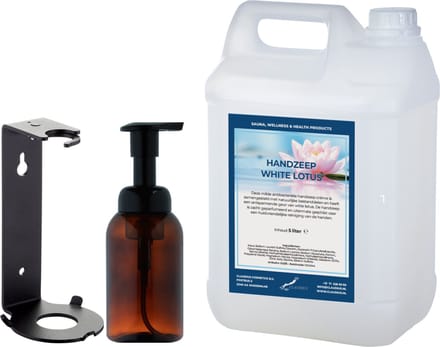 Zeepdispenser 300 ml amber bruin hervulbaar + 5 liter Handzeep White Lotus navulling (inclusief beugel)