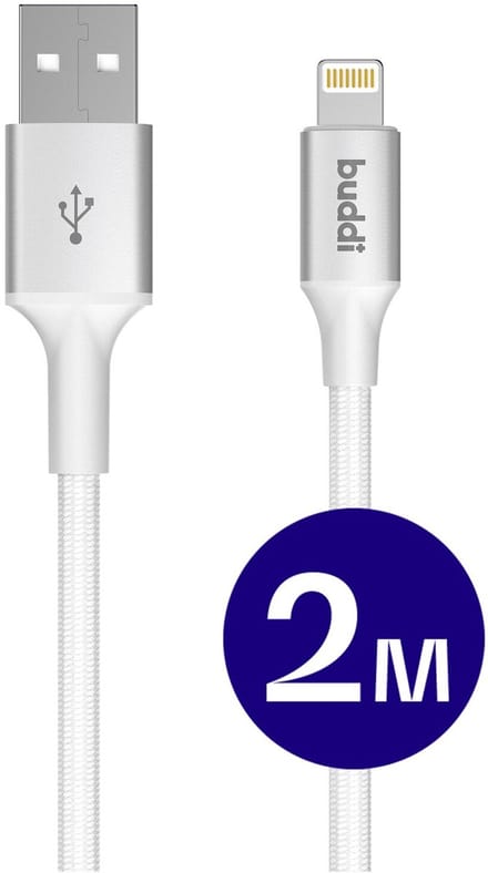 Buddi Flex | USB-A naar Lightning Kabel 12W Fast Charge | 480Mbps Dataoverdracht | Gevlochten Nylon | 2M | 2 Meter | Wit