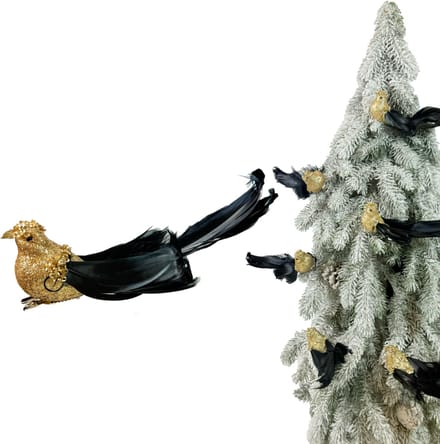 Inspiruj - Kerstversiering - Clip-on Vogel - Champagnetint - Zwarte Veren - Glitter 17 cm