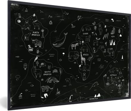 Wereldkaart - Kinderen - Zwart - Wit - Schoolplaat - Kinderkamer - 120x80 cm
