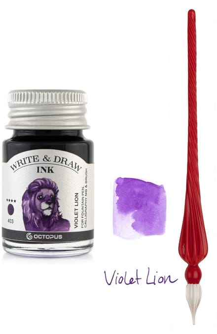 Glaspen - Glazen Dip Pen set in doosje - Rood - Potje - Octopus - Vulpen inkt - violet lion