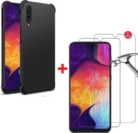 Anti-Shock silicone hoesje zwart met 2 Pack Tempered glas Screen Protector Geschikt voor: Samsung Galaxy A10