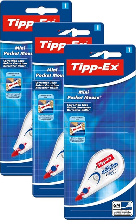Correctieroller 6 m x 5 mm - Mini Pocket Mouse - Verpakking van 3 stuks - Voor thuis, school en kantoor