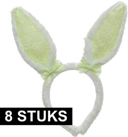 Decoris Konijnoren Diadeem wit groen - 8x - Verkleedaccessoire - Polyester - Unisex - 21,5x24 cm