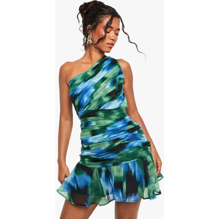 boohoo Dames Abstract bedrukte geplooide one-shoulder mini-jurk | Blauw | Maat: 42