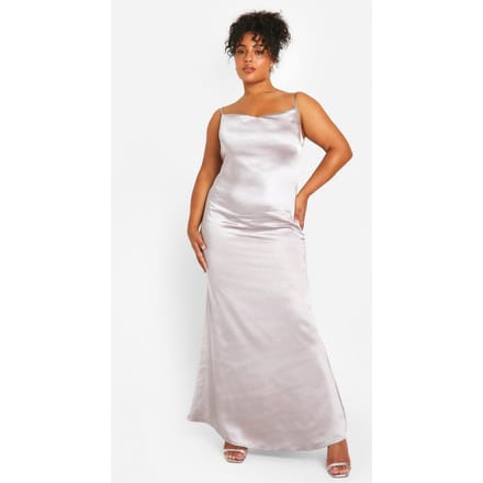 boohoo Dames Plus Satin Sluierhals Maxi Jurk | Zilver | Maat: 46