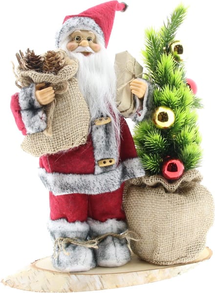 Luxe Afgewerkte Kerst Decoratie Kerstman Staand Naast Kerstboom - Grijs-Rood - 30cm