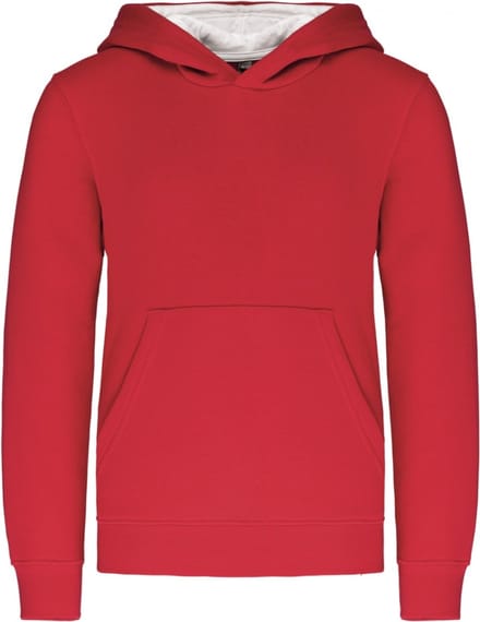 K453 - Kinder hooded sweater met gecontrasteerde capuchon, Rood/Wit, maat 12/14 jaar