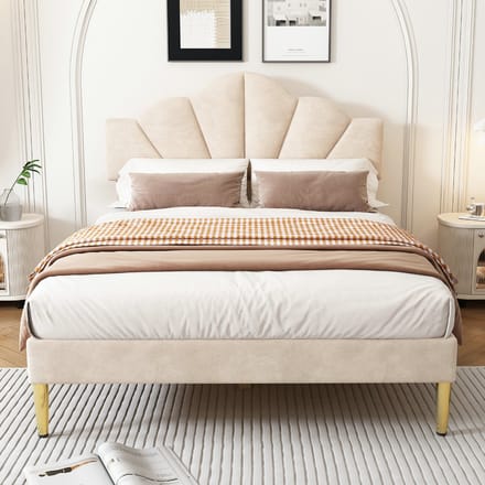 Bed 140x190 / Gestoffeerd bed – met Opbergruimte, Lattenbodem – In Hoogte Verstelbaar Hoofdbord – Schelpvormig Hoofdbord – Gouden Metalen Poten, Beige