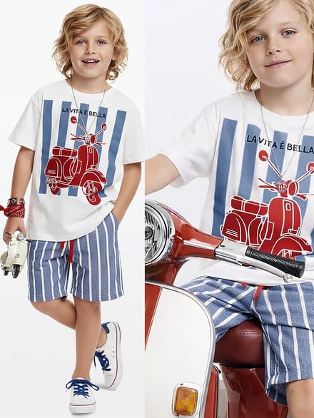 Denokids CFF-26Y1-079 Witte Jongens T-shirt en Gestreepte Short met Motor Print 122