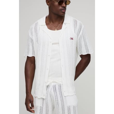 HEREN Oversized Boxy Geborduurd Golvend Gehaakt en Gebreid Overhemd | White | Size Medium