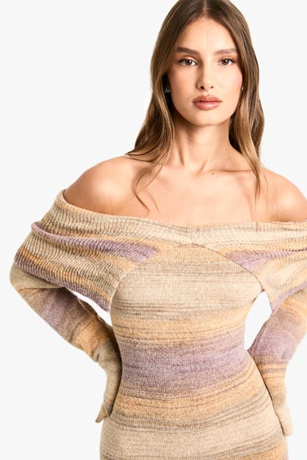 boohoo Dames Bardot gestreepte jumper gebreide jurk | Maat: Medium
