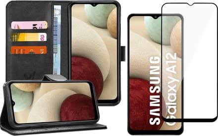 Hoesje geschikt voor Samsung Galaxy A12 - Screen Protector FullGuard - Book Case Kunstleer Pasjeshouder Zwart & Screenprotector