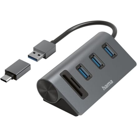 Hama 00200140 USB-hub 5 poorten USB-A, Micro-SD, SD USB 3.2 Gen1 5 GBit/s Met ingebouwde SD-kaartlezer, Met USB-C stekker Grijs