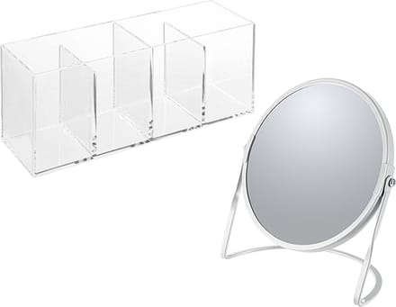 Spirella Make-up organizer en spiegel set - 4 vakjes - plastic/metaal - 5x zoom spiegel - wit/transparant