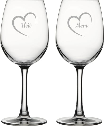 Gegraveerde witte wijnglas 36cl Mem mei hert & Heit mei hert