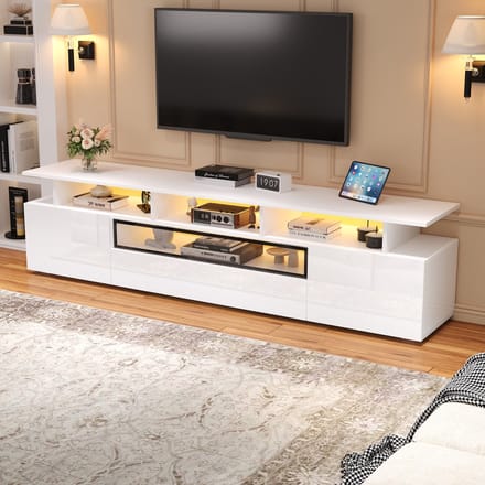 TV-Meubel - 180 x 38 x 45 cm - Hoogglans Lowboard met LED, 2 Deuren en 1 Lade - MDF - Wit