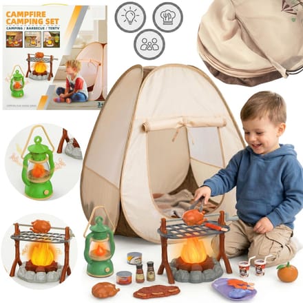 Campingset voor kinderen, speelgoedkamp, interactief kampvuur + accessoires, licht, geluid 3+