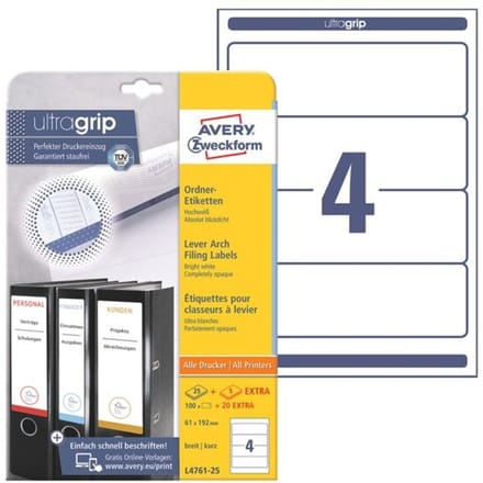 AVERY Printbare rugetiketten  - L4761 - zelfklevend - 192 x 61 mm - 120 etiketten - 25 vellen - wit