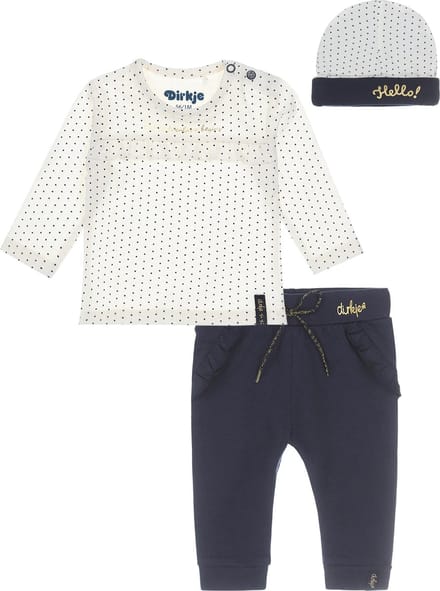 Dirkje Bio Basic SET(3delig) Navy broek, Off white shirt met stip en mutsje - Maat 62
