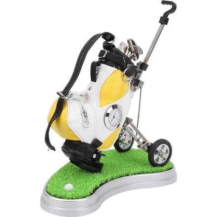 Mini Desktop Zinklegering Golftas Pennenhouder met Gazonbasis Klok Golfpennen Souvenir Cadeau white