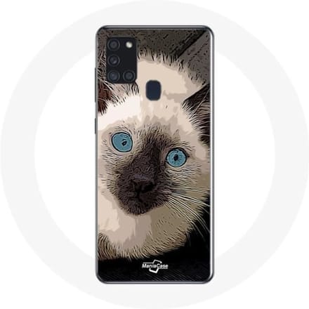 Samsung Galaxy A21S Hoesje Zwart-witte Siamese Kat met Blauwe Ogen